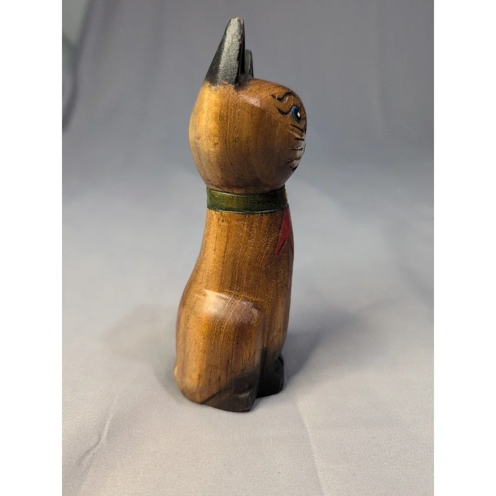 Vintage‎ Wood Hand Carved Siamese Cat Figure Collectible Decor Good Luck Cat